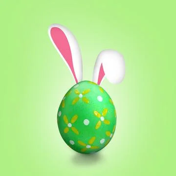 Bright Easter egg with bunny ears on light green background Stock Photos