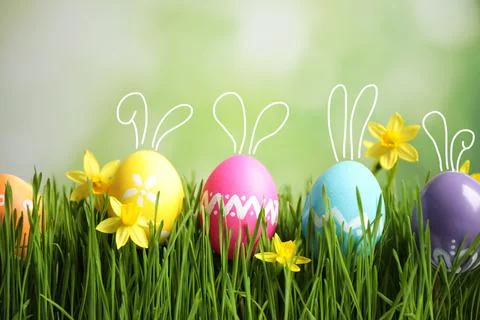 Bright Easter eggs with cute bunny ears and flowers in green grass Foto stock
