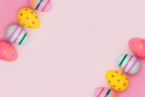 Bright Easter eggs in retro style on a pink background with copy space. Stock Photos