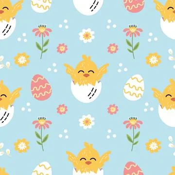 Bright easter pattern chick flowers spring vector 스톡 일러스트