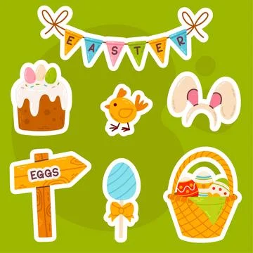 Bright Easter sticker set with a festive basket, decorated egg, cute chick cake Stock Illustration