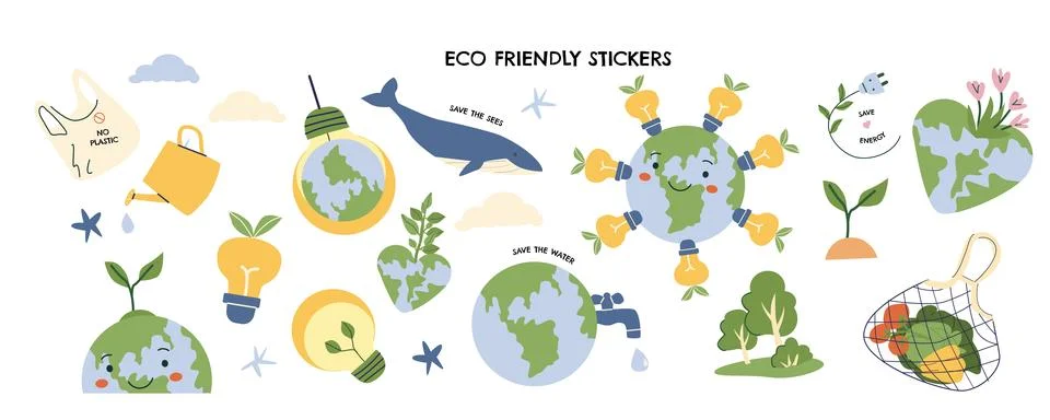Bright eco friendly sticker set with cute earth character, water, plant and Stock Illustration