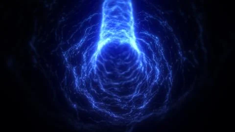 Bright electric blue light particles forming a digital tunnel with flowing .. Illustrazione stock