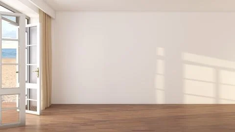 Bright Empty Beachfront Room With Open Door And Ocean View 库存插图