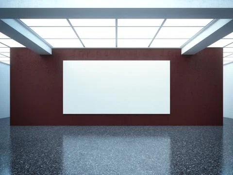 Bright empty gallery interior with red wall Illustrazione stock