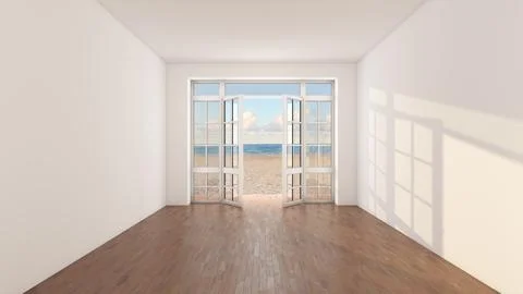Bright Empty Room with Open Doors and Beach Ocean View Illustrazione stock