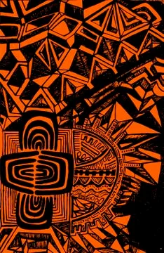 Bright, ethnic pattern, black outline on an orange background, a Stock Illustration