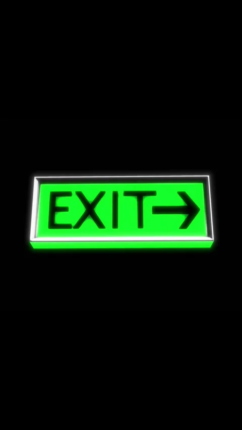 Bright exit sign green panel, red letters, arrow glowing white border background Stock Footage 340577634