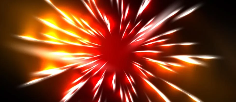 Bright explosion radiates outward. Red, orange, white streaks dominate dark Stock Illustration