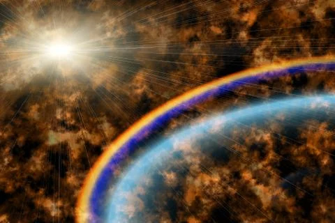 A bright explosion of a supernova carries matter through the galaxy. Drawing. Stock Illustration