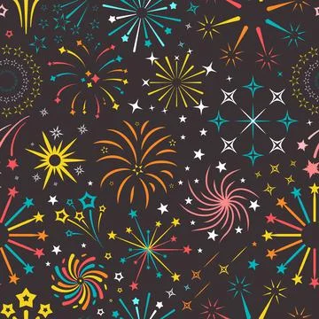Bright explosions fireworks seamless pattern. Yellow flares on dark sky with Stock Illustration