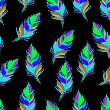 Bright feather print. Black background. Summer Seamless pattern. Colorful Vector イラスト素材