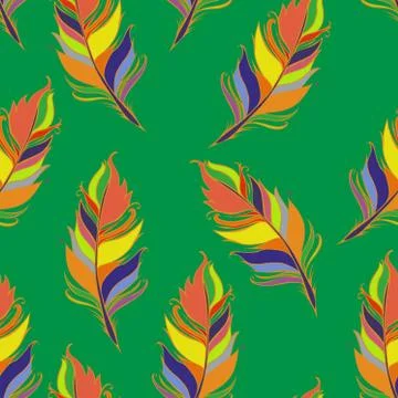 Bright feather print. Green background. Summer Seamless pattern. Colorful Vector Stock Illustration