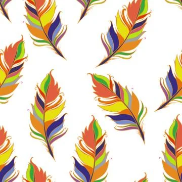 Bright feather print. White background. Summer Seamless pattern. Colorful Vector Stock Illustration