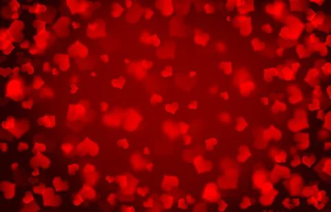 Bright festive blurred bokeh background, red hearts on black background Illustrazione stock