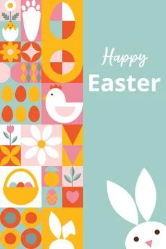 Bright festive card for Happy Easter. design with geometric shapes with text. Stock Illustration
