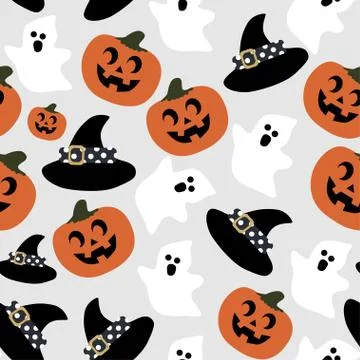 Bright festive pattern Halloween ghost hat pumpkin on gray background	 Stock Illustration