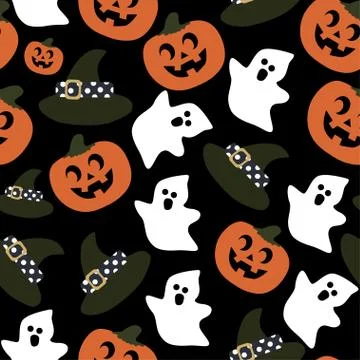 Bright festive pattern halloween hat ghost pumpkin on black background	 Stock Illustration