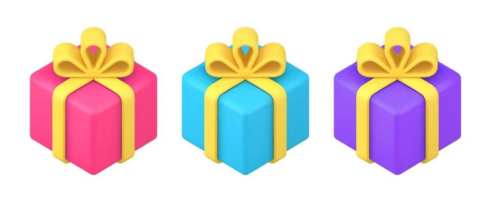 Bright festive squared wrapped gift boxes decorated by tied bow ribbon collec Stock Illustration