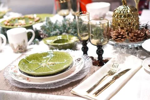 Bright festive table setting for the New Year and Christmas with the help of 스톡 사진