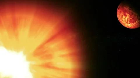Bright fiery explosion in deep space with a red planet glowing at the edge .. Stock Footage 340382996