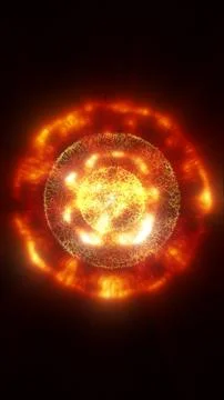 Bright fiery orange solar-like core with glowing rings and radiating rays, .. Stock Illustration