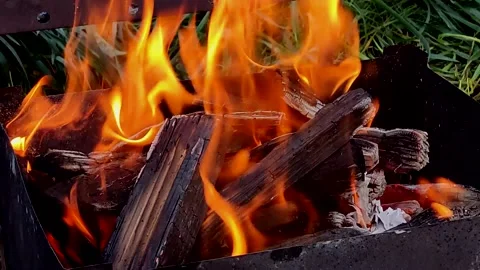 Bright fire and burning hot coals in the grill close-up Stock Footage 160921544