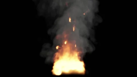 A bright fire burns on a black background and flames fly up with smoke. Stock Footage 170382817