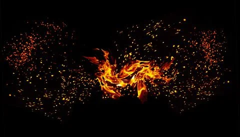 Bright fire flame and cloud of sparks in the dark, abstract fire effect on .. Stock Photos