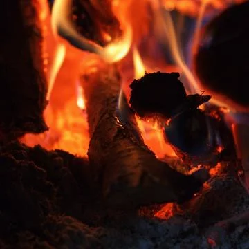 Bright fire of high temperature from natural firewood burns in fireplace an.. Stock Photos