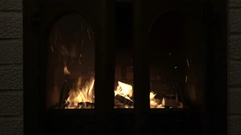 A bright fire inside the fireplace behind glass doors against a brick wall. Video stock 124120413