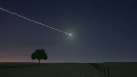 Bright Fireball Meteor Exploding Over Twilight Countryside Animation Stockbeeldmateriaal 347567486