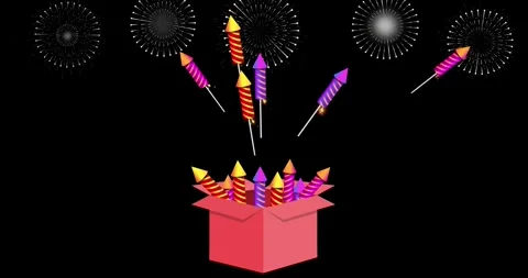 Bright Firework Rockets Exploding from a Box, Festive Motion Graphic Stock Footage 292656697