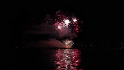Bright fireworks display, exploding fireworks, slow motion, celebration of light Stock Footage 204101997