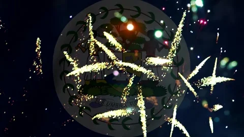 Bright fireworks display exploding in front of the official national flag o.. Video stock 343690556