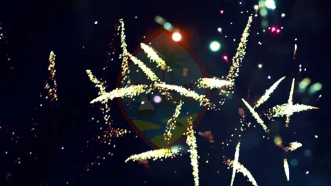 Bright fireworks display in the night sky behind the official coat of arms .. Video stock 343690574