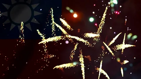 Bright fireworks display in the sky with the flag of taiwan in the backgrou.. Video stock 343690576