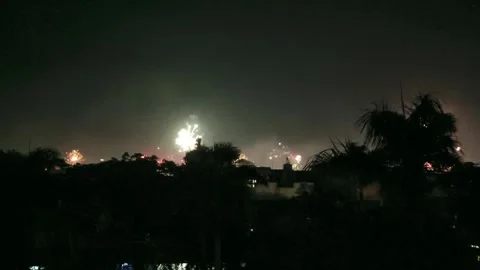Bright fireworks explode with colorful lights over residential areas in the.. Stock Footage 314705315