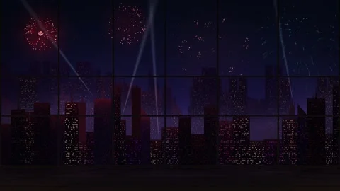 Bright fireworks explode over a dark city skyline as seen through a large Stock Footage 345375195