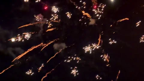 Bright fireworks exploding across a dark night sky with luminous sparks and Stockbeeldmateriaal 345832161