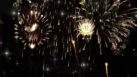 Bright fireworks exploding against a dark night sky filled with twinkling stars Stock Footage 345854789