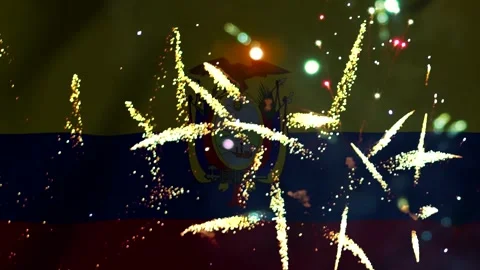 Bright fireworks exploding in front of the official national flag of ecuado.. Vídeo Stock 343690608