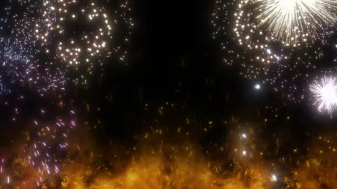 Bright fireworks exploding in the night sky with golden ground sparks and Video stock 346133128