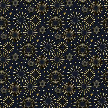 Bright fireworks explosions against dark blue night sky seamless pattern Stock Illustration