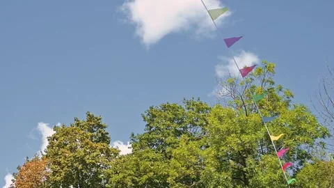 Bright flags flutter in the wind above a landscape of green trees and a blue sky Video stock 345885544