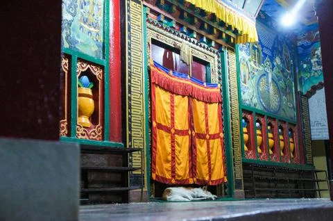 Bright flags on the monastery gates. Photos