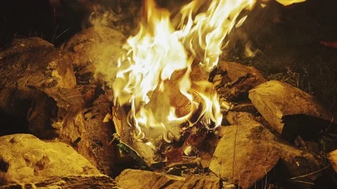 The bright flame of a burning campfire in the evening during the trip. Vídeo Stock 202172022