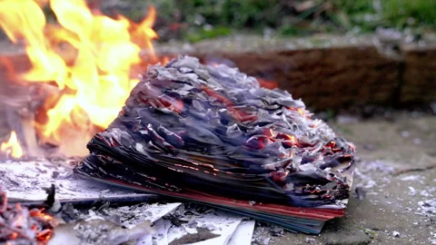 Bright flame with strong wind. Burning of books and papers lying on the ground. Stock Footage 313376965