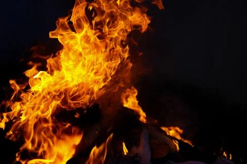 Bright flame of wildfire fire during the dry season. Wood burning at night. Stock Photos