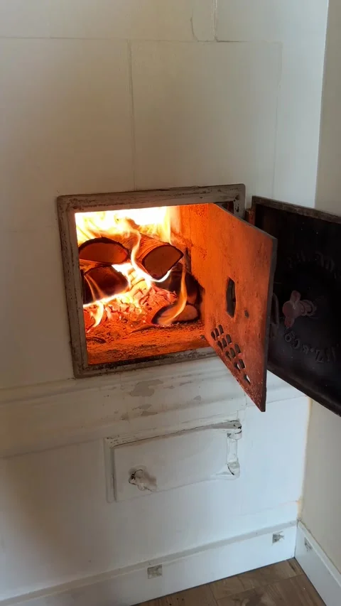 Bright Flames Burning Inside Open Wood Stove Stock Footage 343687491